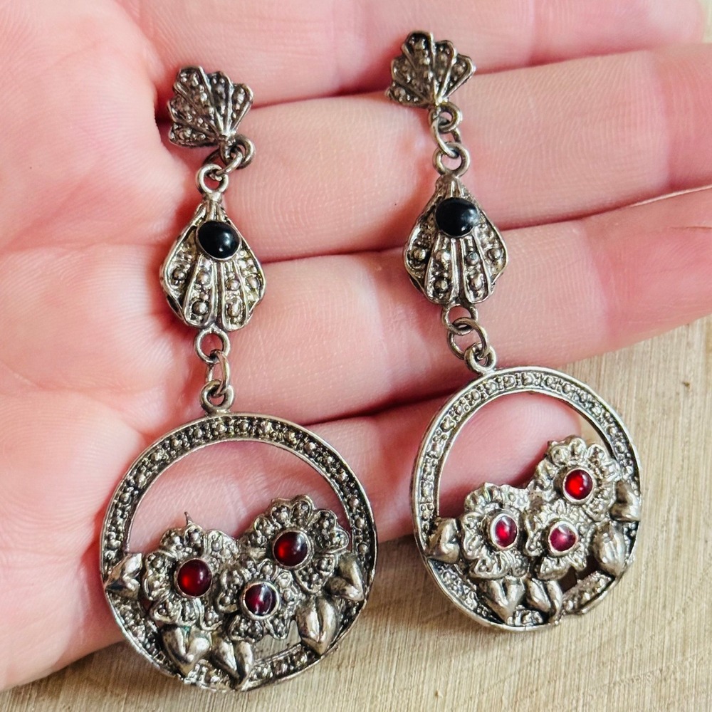 VTG Earrings Art deco style dangle silver floral Statement Pierced Regal Chunky